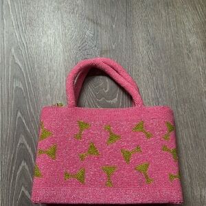 Pink Beaded Cocktail Motif Top-Handle Bag